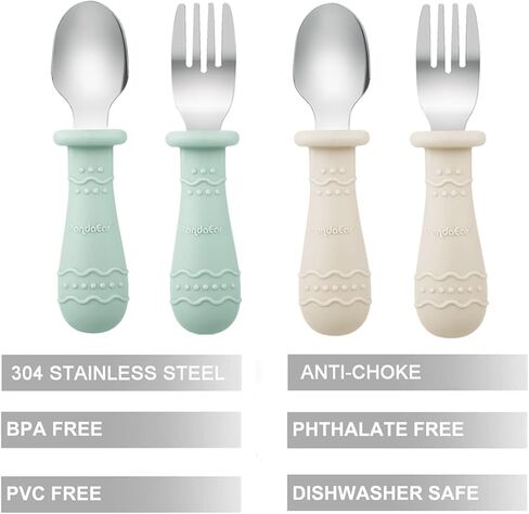 PandaEar Baby Feeding Set| 2 Pack Silicone Divided Suction Plate, 2 Set Toddler Spoons & Forks| Baby Led Weaning Supplies Self Feeding Eating Utensils (Green & White) in Kuwait