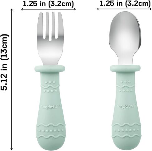 PandaEar Baby Feeding Set| 2 Pack Silicone Divided Suction Plate, 2 Set Toddler Spoons & Forks| Baby Led Weaning Supplies Self Feeding Eating Utensils (Green & White) in Kuwait