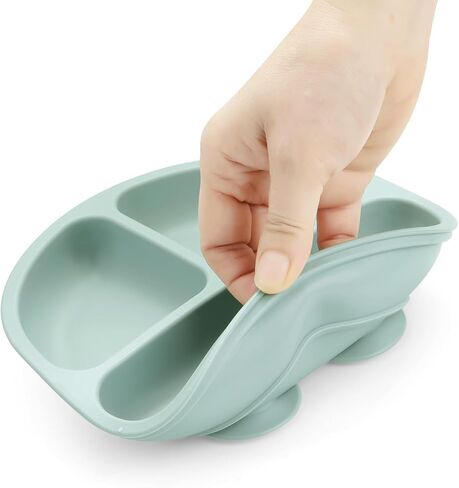 PandaEar Baby Feeding Set| 2 Pack Silicone Divided Suction Plate, 2 Set Toddler Spoons & Forks| Baby Led Weaning Supplies Self Feeding Eating Utensils (Green & White) in Kuwait
