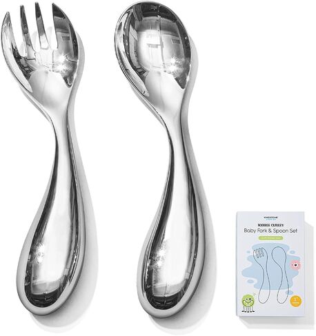 2 Pcs Toddler Utensils with Curved Handle, 18/10 Stainless Steel | All-Metal Baby Fork and Spoon, Safe Children's Flatware, Food Grade Kids Silverware Set, Dishwasher Safe, Mirror Polished in Kuwait