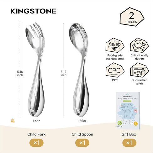 2 Pcs Toddler Utensils with Curved Handle, 18/10 Stainless Steel | All-Metal Baby Fork and Spoon, Safe Children's Flatware, Food Grade Kids Silverware Set, Dishwasher Safe, Mirror Polished in Kuwait