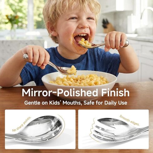 2 Pcs Toddler Utensils with Curved Handle, 18/10 Stainless Steel | All-Metal Baby Fork and Spoon, Safe Children's Flatware, Food Grade Kids Silverware Set, Dishwasher Safe, Mirror Polished in Kuwait