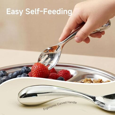 2 Pcs Toddler Utensils with Curved Handle, 18/10 Stainless Steel | All-Metal Baby Fork and Spoon, Safe Children's Flatware, Food Grade Kids Silverware Set, Dishwasher Safe, Mirror Polished in Kuwait