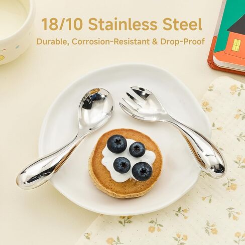 2 Pcs Toddler Utensils with Curved Handle, 18/10 Stainless Steel | All-Metal Baby Fork and Spoon, Safe Children's Flatware, Food Grade Kids Silverware Set, Dishwasher Safe, Mirror Polished in Kuwait