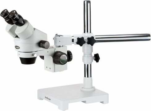 AmScope SM-3B Professional Binocular Stereo Zoom Microscope, WH10x Eyepieces, 7X-45X Magnification, 0.7X-4.5X Zoom Objective, Ambient Lighting, Single-Arm Boom Stand | 7X-45X Magnification Range 76mm Stereo Microscope Holder Ring 360° Multi-Axis Head Rota in Kuwait
