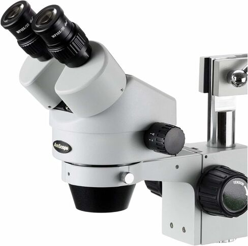 AmScope SM-3B Professional Binocular Stereo Zoom Microscope, WH10x Eyepieces, 7X-45X Magnification, 0.7X-4.5X Zoom Objective, Ambient Lighting, Single-Arm Boom Stand | 7X-45X Magnification Range 76mm Stereo Microscope Holder Ring 360° Multi-Axis Head Rota in Kuwait