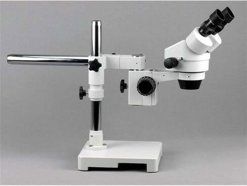 AmScope SM-3B Professional Binocular Stereo Zoom Microscope, WH10x Eyepieces, 7X-45X Magnification, 0.7X-4.5X Zoom Objective, Ambient Lighting, Single-Arm Boom Stand | 7X-45X Magnification Range 76mm Stereo Microscope Holder Ring 360° Multi-Axis Head Rota in Kuwait