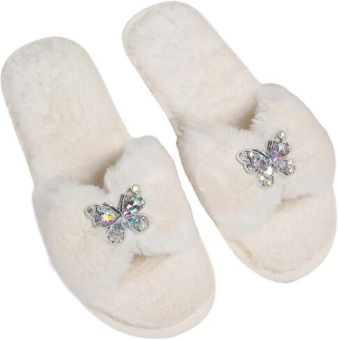 Cute Rhinestone Butterfly Fuzzy Slippers Open-Toe Soft Lining Plush Warm Winter Wear Home Shoes Women Comfortable Indoor Outdoor in Kuwait