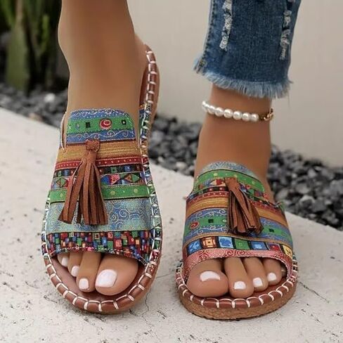 Women’s Bohemian Flat Slide Sandals Colorful Ethnic Print Tassel Decor Open Toe Slip-On Design Lightweight Flexible Sole in Kuwait