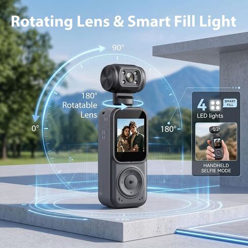 2K Handheld Vlogging Camera, Portable Pocket POV Camcorder Body Cam | 2k HD Recording, 180° Rotatable Lens, Eis Stabilization, Wifi Connection, Four Fill Light, 8 Hour Battery Life for Vlogging in Kuwait