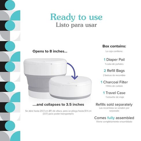 Go Portable Diaper Pail — Aqua — Superior Odor Control with No Added Fragrance — Collapses for On-The-Go — Compact & Space-Saving in Kuwait