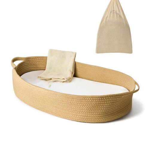 Baby Changing Basket - Moses Basket Changing Table Topper and Thick Foam Pad with Removable Cotton Mattress Cover, 100% Cotton Boho Nursery Decor with Storage Bag in Kuwait