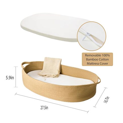 Baby Changing Basket - Moses Basket Changing Table Topper and Thick Foam Pad with Removable Cotton Mattress Cover, 100% Cotton Boho Nursery Decor with Storage Bag in Kuwait