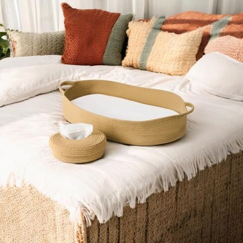 Baby Changing Basket - Moses Basket Changing Table Topper and Thick Foam Pad with Removable Cotton Mattress Cover, 100% Cotton Boho Nursery Decor with Storage Bag in Kuwait