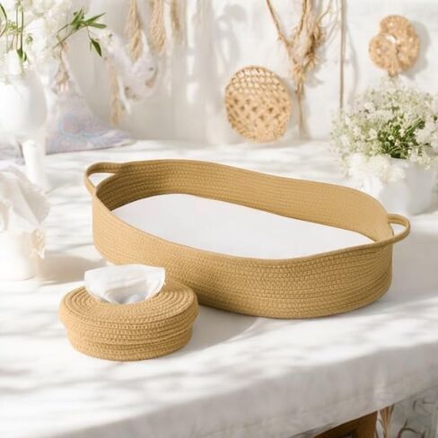 Baby Changing Basket - Moses Basket Changing Table Topper and Thick Foam Pad with Removable Cotton Mattress Cover, 100% Cotton Boho Nursery Decor with Storage Bag in Kuwait