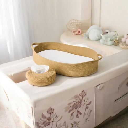 Baby Changing Basket - Moses Basket Changing Table Topper and Thick Foam Pad with Removable Cotton Mattress Cover, 100% Cotton Boho Nursery Decor with Storage Bag in Kuwait