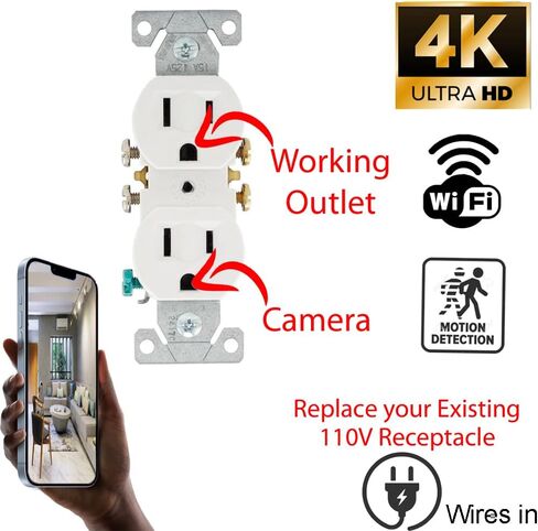 4K Tuya Smart Life Power Outlet Receptacle Wi-Fi Spy Camera 120V Wired (White/Round/Video only, No Audio) in Kuwait