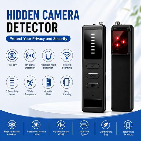 Hidden Camera Detector, 5-Level RF Signal Detector with 100MHz-8GHz Frequency Range, GPS Tracker Finder for Travel, Hotel, Office, Laser Lens & Magnetic Field Detection, USB-C Rechargeable in Kuwait