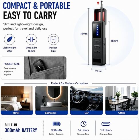 Hidden Camera Detector, 5-Level RF Signal Detector with 100MHz-8GHz Frequency Range, GPS Tracker Finder for Travel, Hotel, Office, Laser Lens & Magnetic Field Detection, USB-C Rechargeable in Kuwait