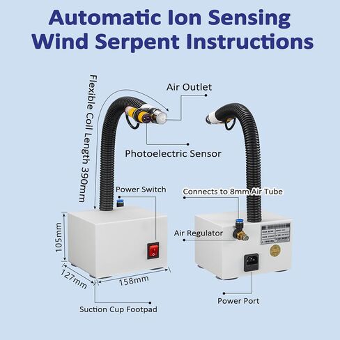 Ion Wind Snake, Anti Static Ionizing Air Gun, Photoelectric Sensor Control, Effective Working Distance 10-1500mm, Adjustable Air Valve, Wind Snake Tube 390mm, for Industrial in Kuwait