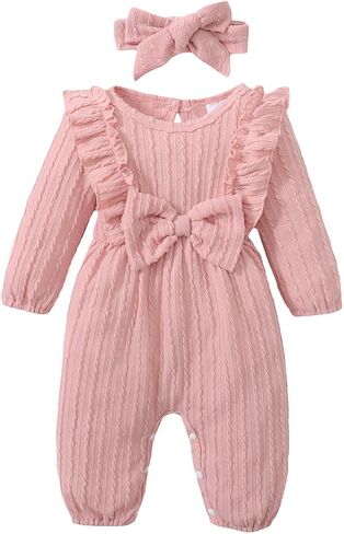 Happy Town Baby Girl Romper Infant Fall Winter Clothes Ruffle Sweater Long Sleeve Bodysuit Jumpsuit and Headband in Kuwait