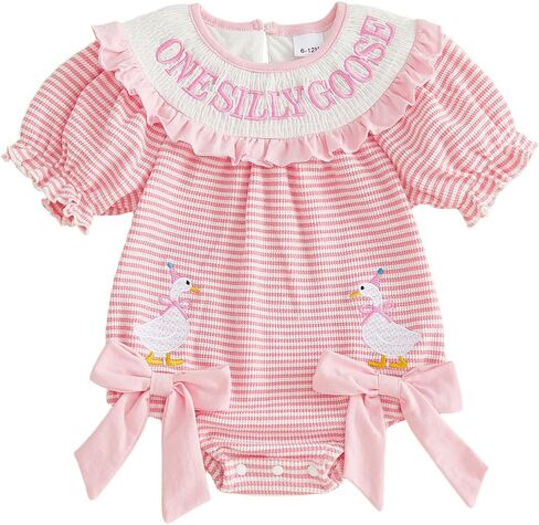 Newborn Baby Girl First Birthday Outfit Silly Goose Smocked Striped Bubble Romper One Year Old Short Sleeve Bodysuit in Kuwait