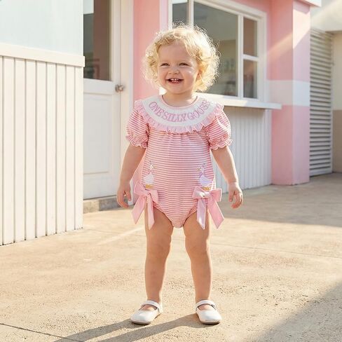 Newborn Baby Girl First Birthday Outfit Silly Goose Smocked Striped Bubble Romper One Year Old Short Sleeve Bodysuit in Kuwait