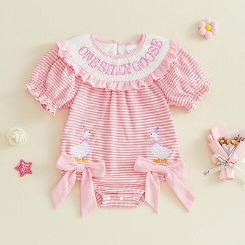 Newborn Baby Girl First Birthday Outfit Silly Goose Smocked Striped Bubble Romper One Year Old Short Sleeve Bodysuit in Kuwait