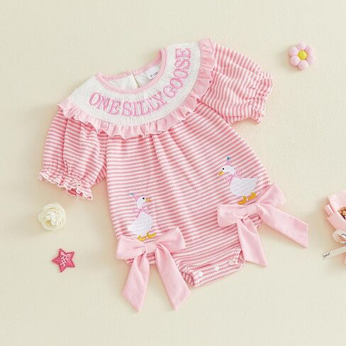 Newborn Baby Girl First Birthday Outfit Silly Goose Smocked Striped Bubble Romper One Year Old Short Sleeve Bodysuit in Kuwait