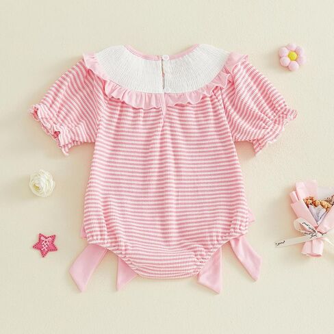 Newborn Baby Girl First Birthday Outfit Silly Goose Smocked Striped Bubble Romper One Year Old Short Sleeve Bodysuit in Kuwait