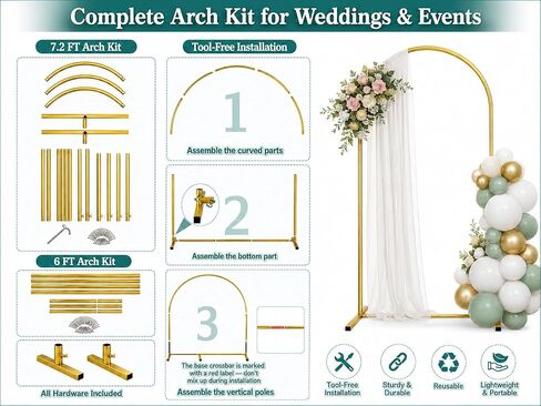Metal Arch Backdrop Stand Set (7.2 ft + 6 ft), Wedding Arch Frame, Stable Backdrop Stand with Square Base Ground Pegs, Suitable for Birthday Parties, Baby Shower Wreath Decorations (2-Piece Set) in Kuwait