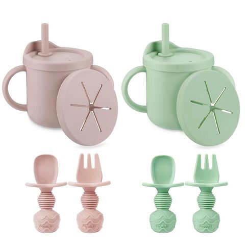 PandaEar 2 Pack Silicone Baby Straw & Snack Cup with 2 Spoons 2 Forks, Dual-Purpose Toddler Training Cups, Light Tan/Walnut in Kuwait