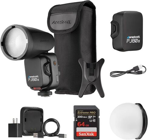 Westcott FJ80 II S 80Ws Strobe with Sony Camera Mount & Diffusion Dome Kit | Westcott Bundle Includes a 2.8-inch LCD color touchscreen, magnetic diffusion dome, 64GB Extreme PRO UHS-I SDXC memory card in Kuwait