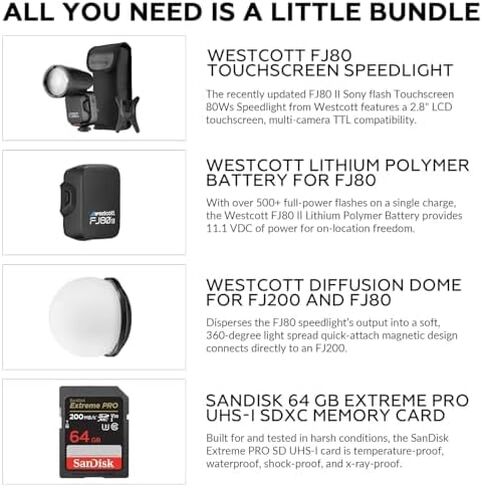 Westcott FJ80 II S 80Ws Strobe with Sony Camera Mount & Diffusion Dome Kit | Westcott Bundle Includes a 2.8-inch LCD color touchscreen, magnetic diffusion dome, 64GB Extreme PRO UHS-I SDXC memory card in Kuwait