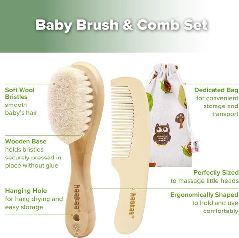 haakaa Baby Hair Brush and Comb Set for Newborns & Toddlers - Natural Soft Wool Bristles and Wooden Handle, Gently Grooms Baby's Hair, Ideal for Cradle Cap, Perfect Baby Gift, 2pk | Natural Soft Wool Bristle Baby Brush and Comb Set Gently Massages Scalp a in Kuwait