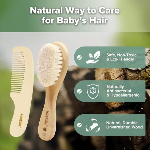 haakaa Baby Hair Brush and Comb Set for Newborns & Toddlers - Natural Soft Wool Bristles and Wooden Handle, Gently Grooms Baby's Hair, Ideal for Cradle Cap, Perfect Baby Gift, 2pk | Natural Soft Wool Bristle Baby Brush and Comb Set Gently Massages Scalp a in Kuwait