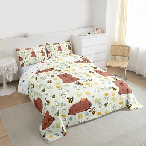 Feelyou Cute Capybara Comforter Set Toddler Size Rainbow Bees Bedding Set for Kids Boys Girls Lovely Animal Duvet Quilt Bedroom Decor Microfiber 2 Pcs with 1 Pillow Cases in Kuwait