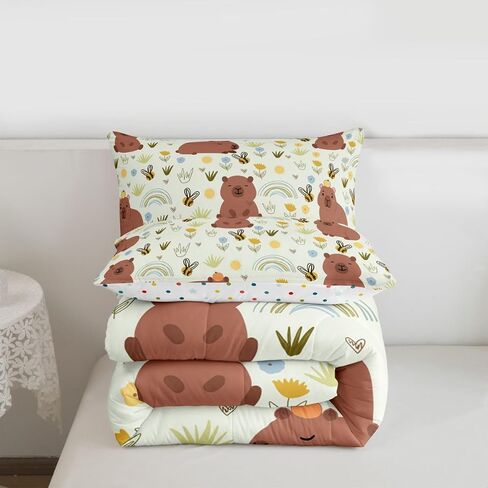 Feelyou Cute Capybara Comforter Set Toddler Size Rainbow Bees Bedding Set for Kids Boys Girls Lovely Animal Duvet Quilt Bedroom Decor Microfiber 2 Pcs with 1 Pillow Cases in Kuwait