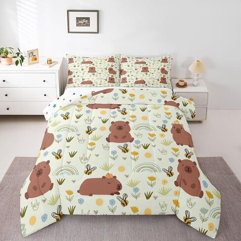 Feelyou Cute Capybara Comforter Set Toddler Size Rainbow Bees Bedding Set for Kids Boys Girls Lovely Animal Duvet Quilt Bedroom Decor Microfiber 2 Pcs with 1 Pillow Cases in Kuwait