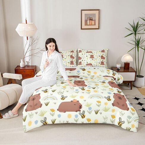 Feelyou Cute Capybara Comforter Set Toddler Size Rainbow Bees Bedding Set for Kids Boys Girls Lovely Animal Duvet Quilt Bedroom Decor Microfiber 2 Pcs with 1 Pillow Cases in Kuwait