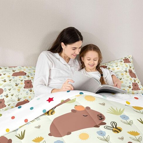 Feelyou Cute Capybara Comforter Set Toddler Size Rainbow Bees Bedding Set for Kids Boys Girls Lovely Animal Duvet Quilt Bedroom Decor Microfiber 2 Pcs with 1 Pillow Cases in Kuwait