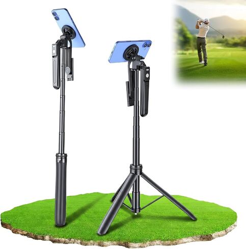 62" Golf Tripod & Monopod, Magnetic Phone Holder with Remote, Black | Adjustable Aluminum Alloy Selfie Stick with w/Spike Stake Mount, Record Golf Swing & Training Aid, for All Phone Camera GoPro in Kuwait