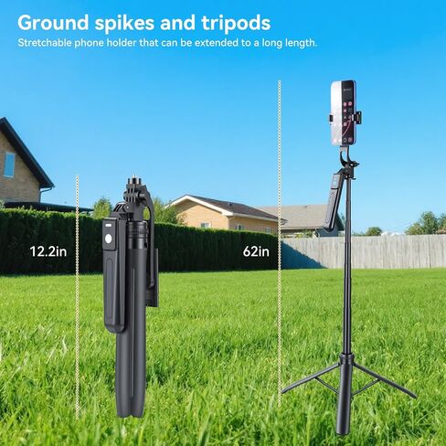 62" Golf Tripod & Monopod, Magnetic Phone Holder with Remote, Black | Adjustable Aluminum Alloy Selfie Stick with w/Spike Stake Mount, Record Golf Swing & Training Aid, for All Phone Camera GoPro in Kuwait