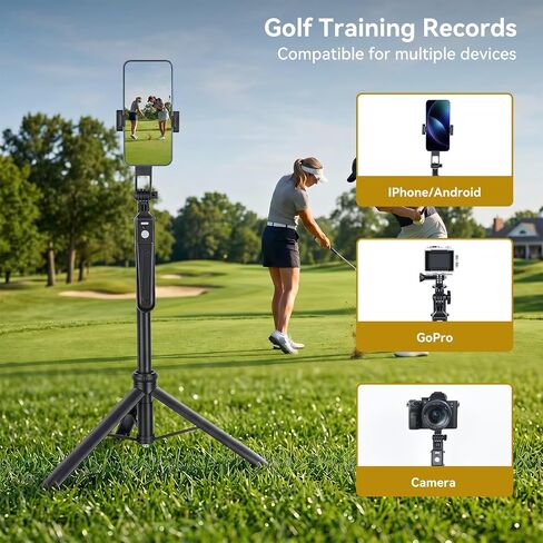 62" Golf Tripod & Monopod, Magnetic Phone Holder with Remote, Black | Adjustable Aluminum Alloy Selfie Stick with w/Spike Stake Mount, Record Golf Swing & Training Aid, for All Phone Camera GoPro in Kuwait