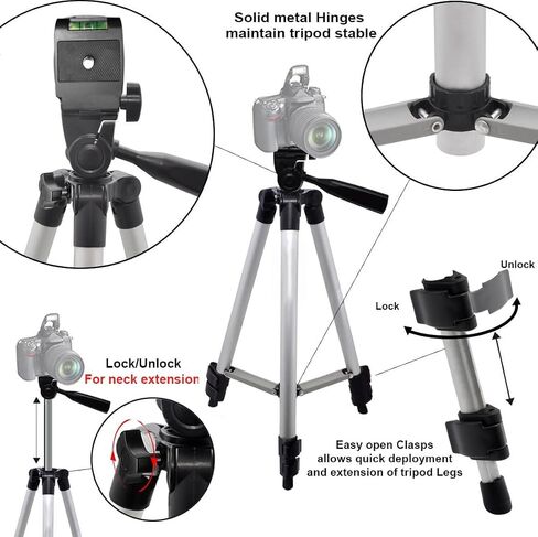 Lightweight 50 Inch Camera Tripod with 3-Way Pan & Tilt Head – Aluminum DSLR Tripod Stand with Quick Release Plate for Photography & Video in Kuwait
