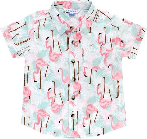 RUGGEDBUTTS Baby Boys Vibrant Flamingo - Button Down Shirt 18-24m | Cotton Rayon Blend, Loose Fit, Solid Pattern, Standard Length, Casual Wear, Camping Inspired, For Toddler in Kuwait