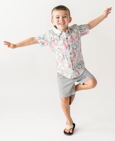 RUGGEDBUTTS Baby Boys Vibrant Flamingo - Button Down Shirt 18-24m | Cotton Rayon Blend, Loose Fit, Solid Pattern, Standard Length, Casual Wear, Camping Inspired, For Toddler in Kuwait