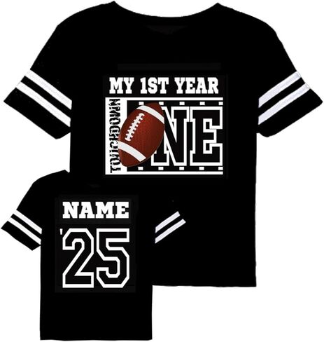 First Birthday Football one Year Old Baby Toddler Personalized Jersey Styled Tshirt Options, ONE, 1st Birthday Designs, Touchdown 1, My Rookie Year, The Big one, Mom Dad... Black in Kuwait