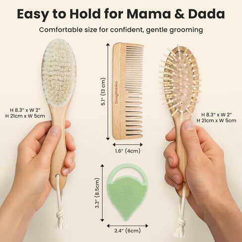 Baby Hair Brush & Comb Set for Newborns - Gentle Goat-Hair & Bamboo Bristle Hairbrushes with Easy Grip Wooden Handles - 5-Pack Baby Brush Set with a Cotton Travel Pouch - Gifts for Boys & Girls in Kuwait