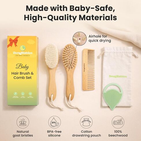 Baby Hair Brush & Comb Set for Newborns - Gentle Goat-Hair & Bamboo Bristle Hairbrushes with Easy Grip Wooden Handles - 5-Pack Baby Brush Set with a Cotton Travel Pouch - Gifts for Boys & Girls in Kuwait
